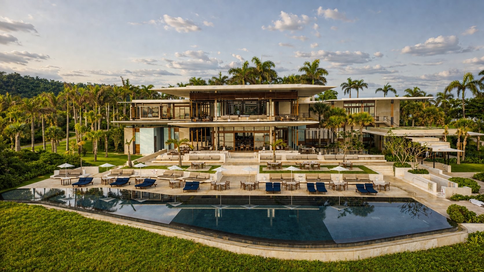 Amanera — aerial view of the main building, restaurant pavilion and infinity pool above the cliff