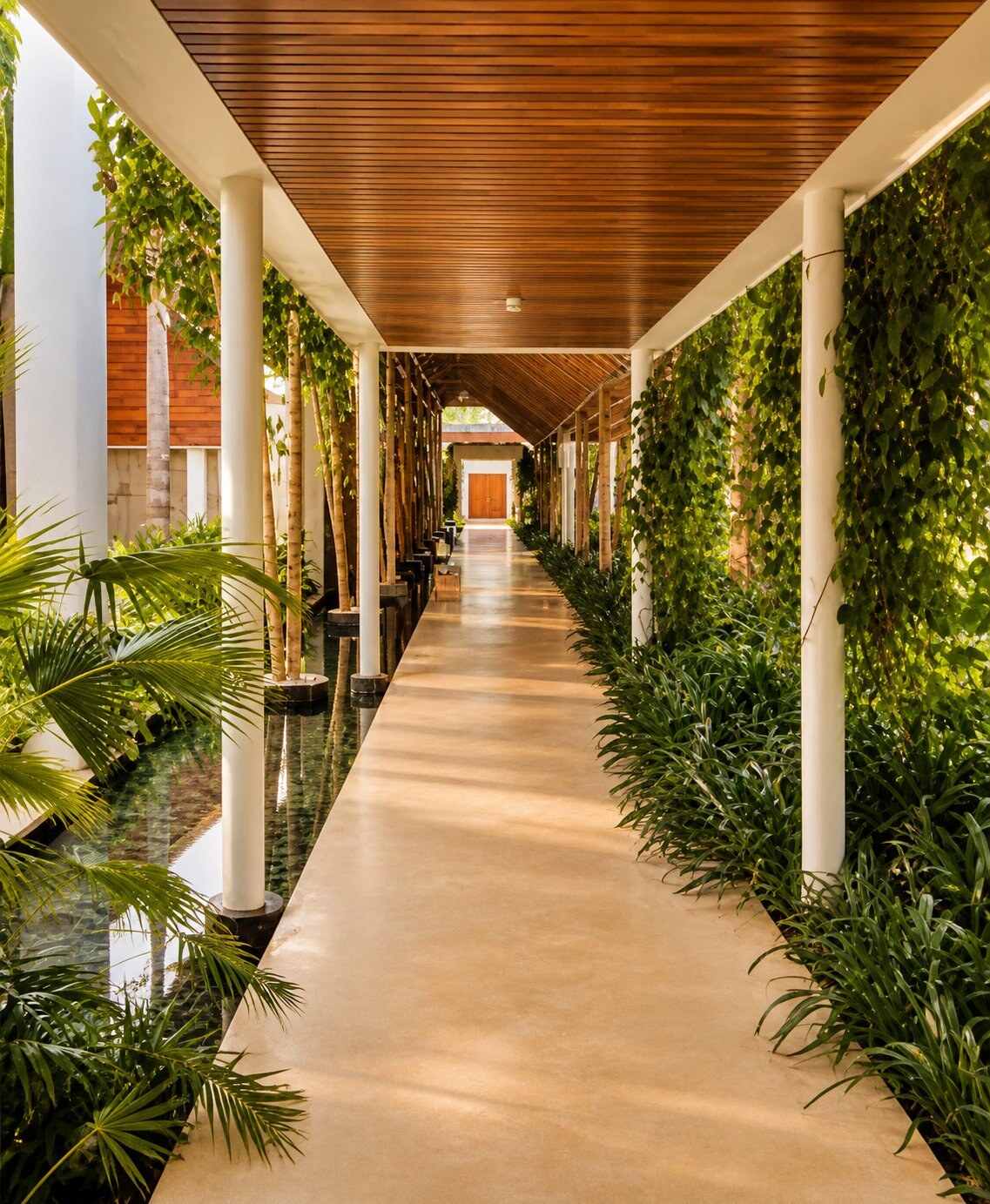 Serena 7 — planted corridor with reflecting pool, white columns, and timber-slat ceiling