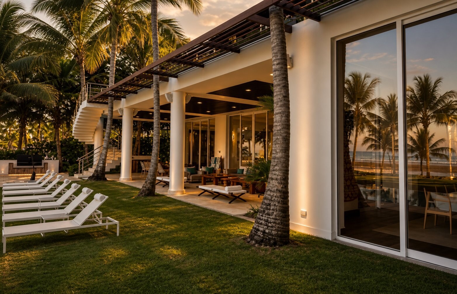 Serena 7 — pergola, lounge, and lawn at dusk, looking across to the beach pavilion