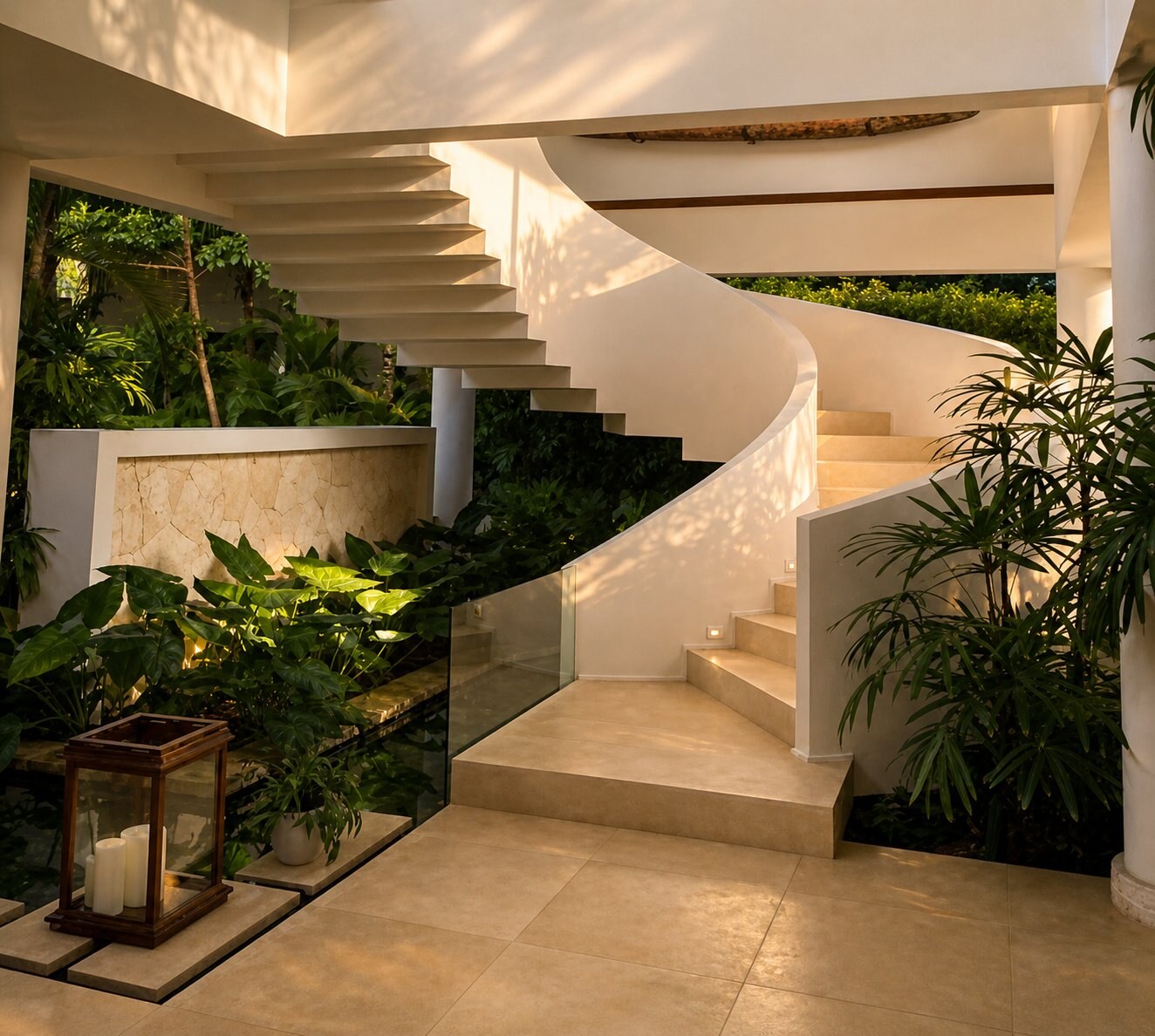 Serena 7 — interior spiral staircase descending past a planted courtyard with stone wall