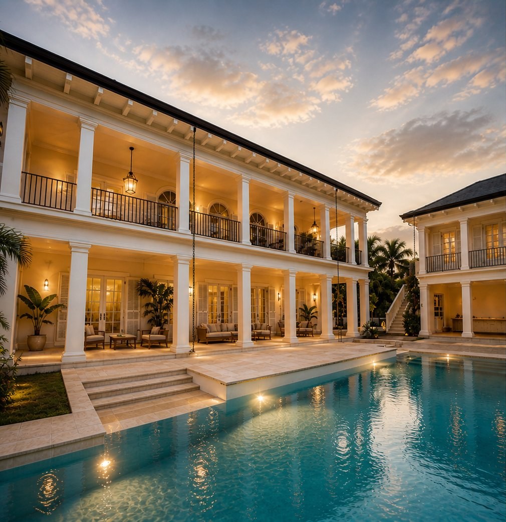 Tortuga Bay H2 — pool and pavilion at dusk, with lit interiors and reflections on the water